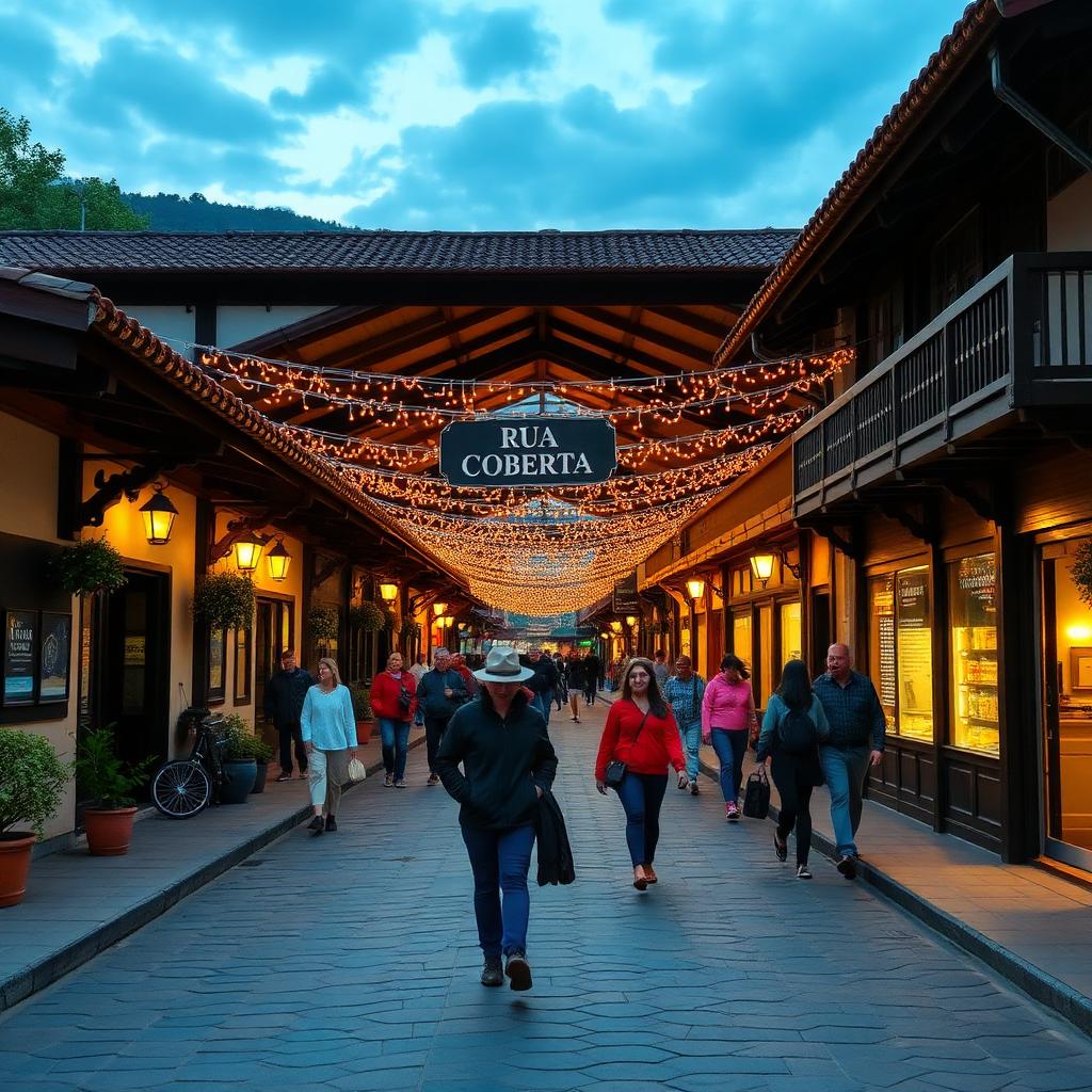 Rua Coberta de Gramado iluminada ao entardecer
