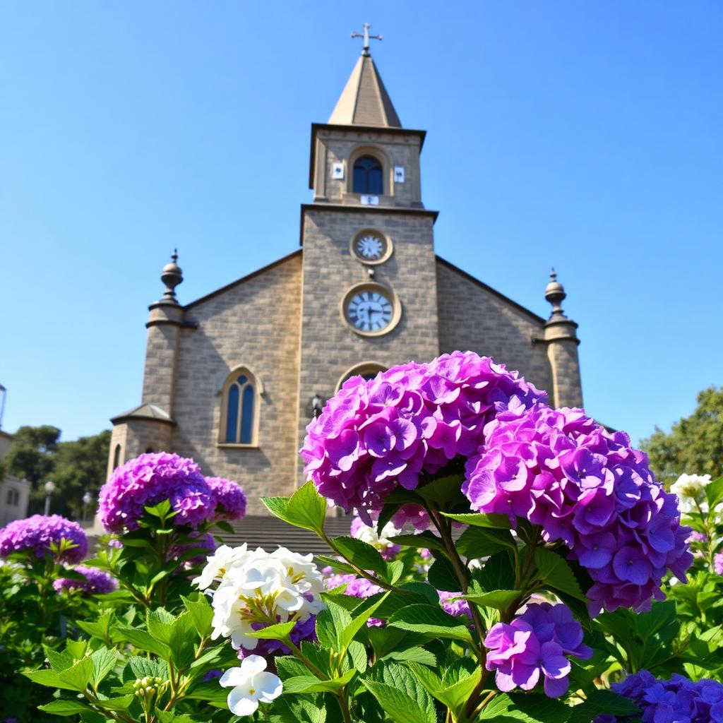 Igreja Matriz São Pedro em Gramado com hortênsias