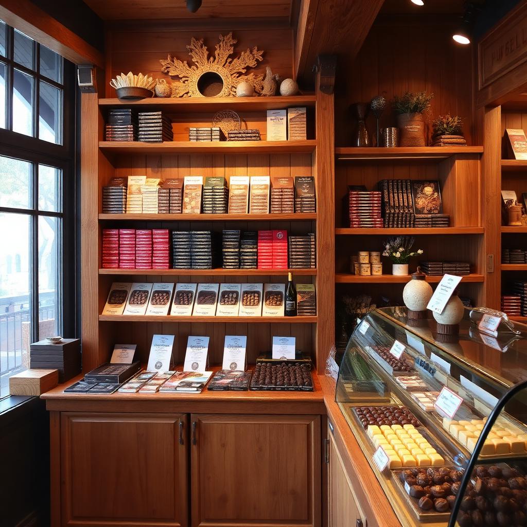 Chocolateria artesanal em Gramado com prateleiras de chocolate