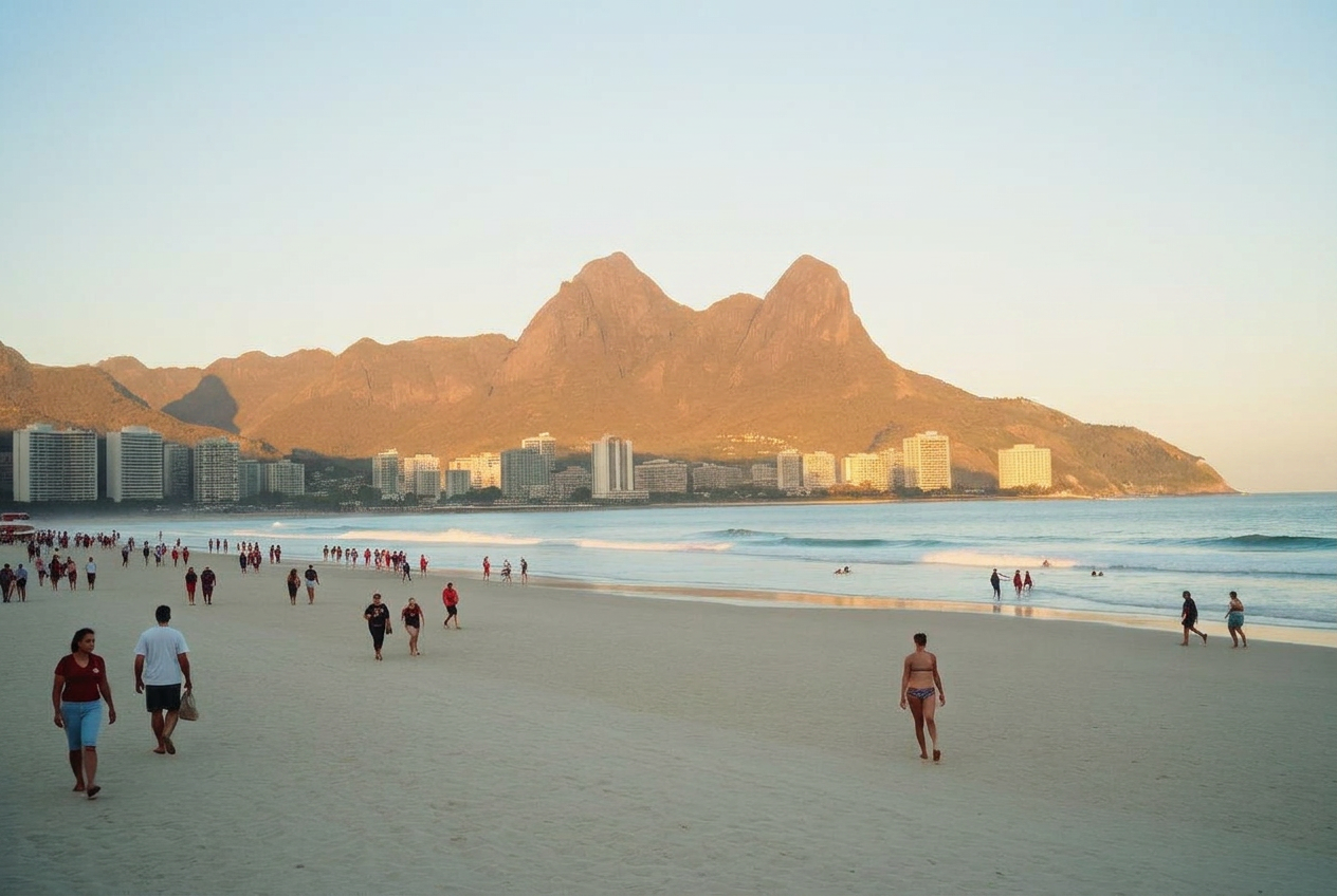 Praia de Ipanema no fim da tarde com o Morro Dois Irmãos