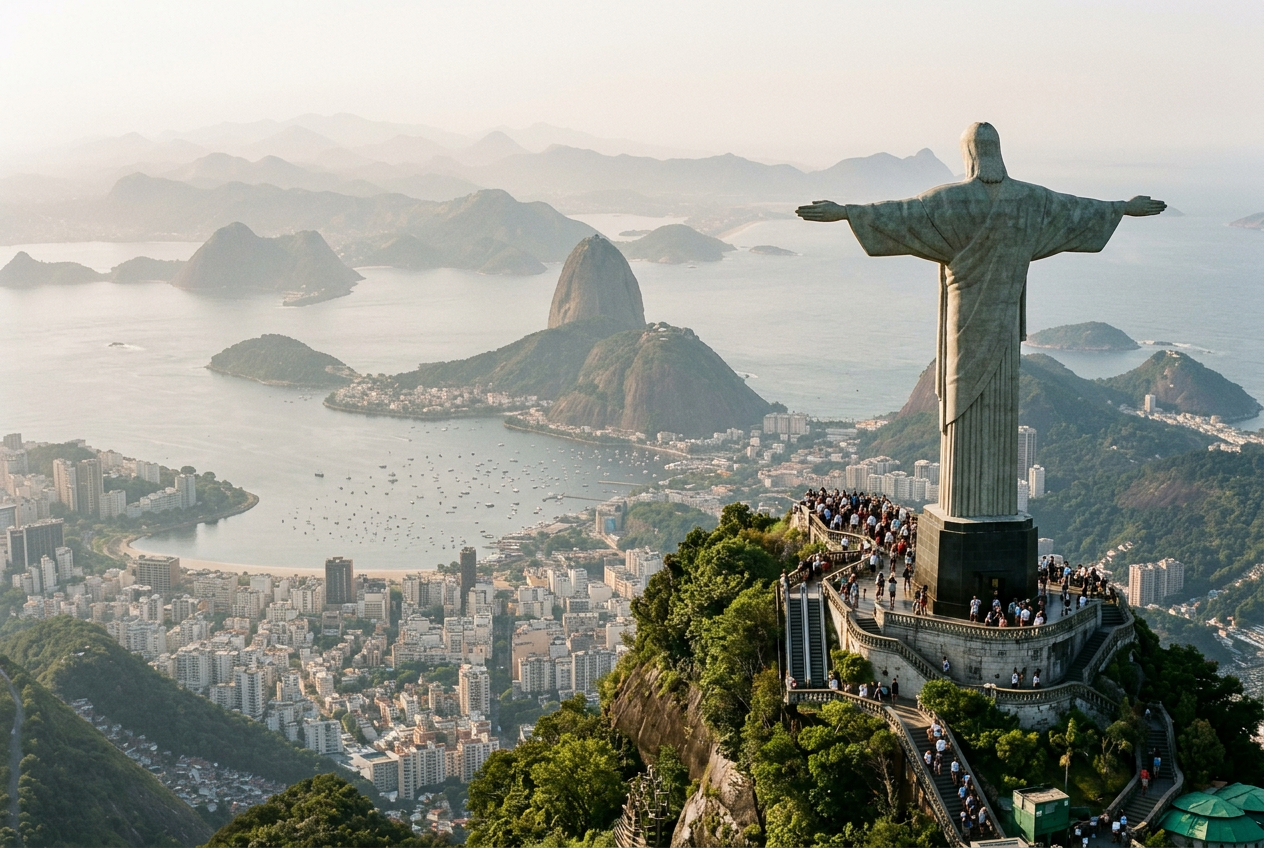 Cristo Redentor no Corcovado com vista para a Baía de Guanabara