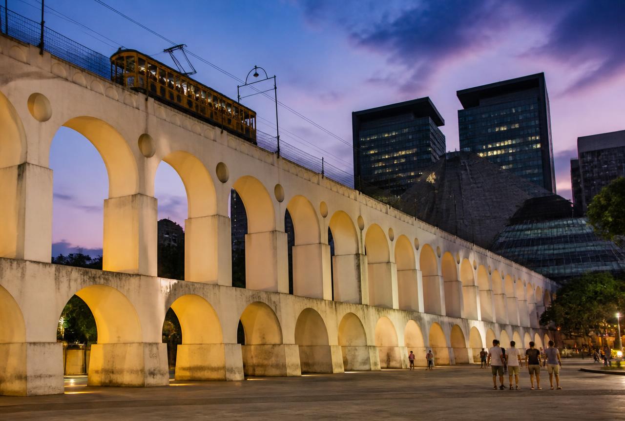 Arcos da Lapa iluminados ao anoitecer no Rio de Janeiro