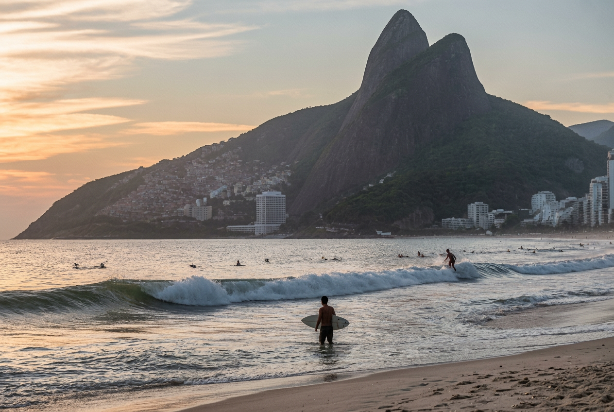 Praia do Leblon e Morro Dois Irmãos ao pôr do sol